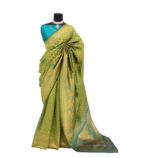 Women's Banarasi Printed Saree With Unstitched Blouse 5.5Mtr (Mehendi Green)