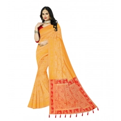 Women's Banarasi Printed Saree With Unstitched Blouse 5.5Mtr (Yellow)