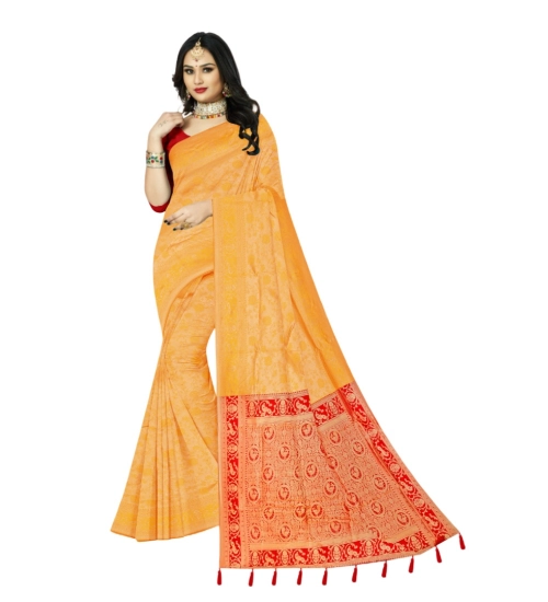 Women's Banarasi Printed Saree With Unstitched Blouse 5.5Mtr (Yellow)