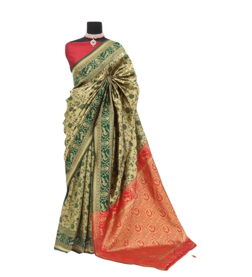 Women's Banarasi Printed Saree With Unstitched Blouse 5.5Mtr (Golden)