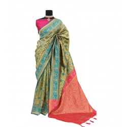 Women's Banarasi Printed Saree With Unstitched Blouse 5.5Mtr (Golden)