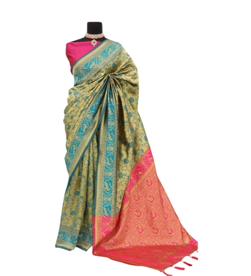 Women's Banarasi Printed Saree With Unstitched Blouse 5.5Mtr (Golden)