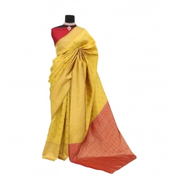 Women's Banarasi Printed Saree With Unstitched Blouse 5.5Mtr (Yellow)