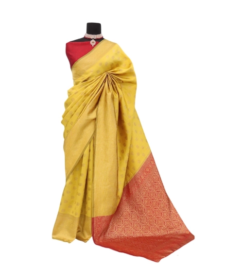Women's Banarasi Printed Saree With Unstitched Blouse 5.5Mtr (Yellow)