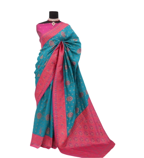Women's Banarasi Printed Saree With Unstitched Blouse 5.5Mtr (Aqua Blue)