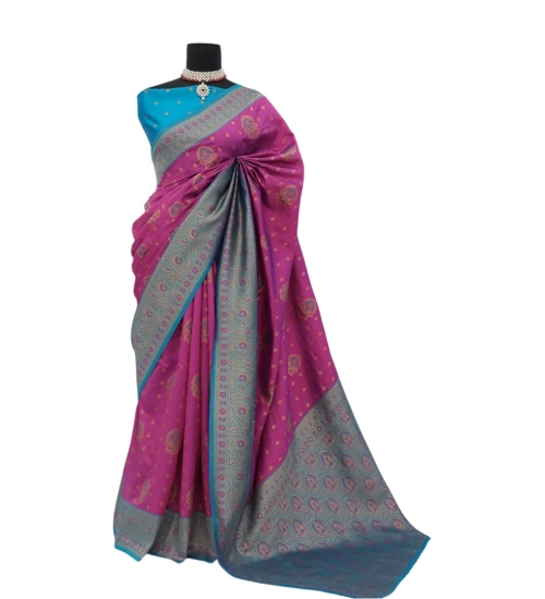 Women's Banarasi Printed Saree With Unstitched Blouse 5.5Mtr (Purple)