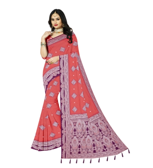 Women's Cotton Printed Saree With Unstitched Blouse 5.5Mtr (Peach)
