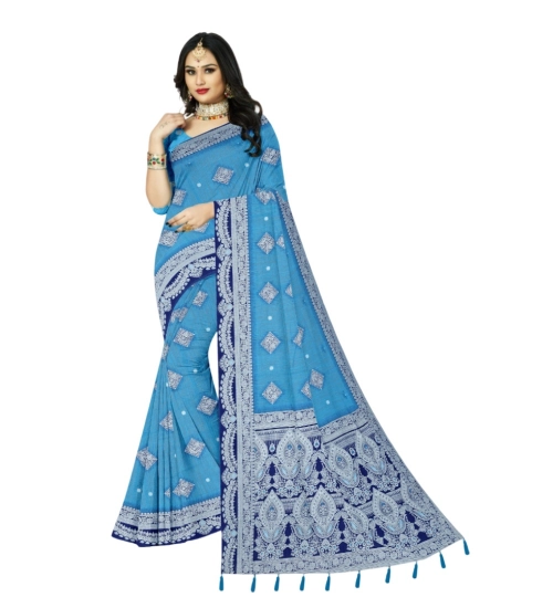 Women's Cotton Printed Saree With Unstitched Blouse 5.5Mtr (Firozi)
