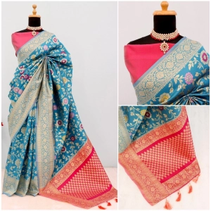 Generic Women's Banarasi Printed Saree With Unstitched Blouse 5.5Mtr (Aqua Blue)
