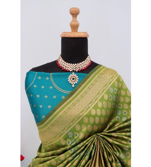 Women's Banarasi Printed Saree With Unstitched Blouse 5.5Mtr (Mehendi Green)