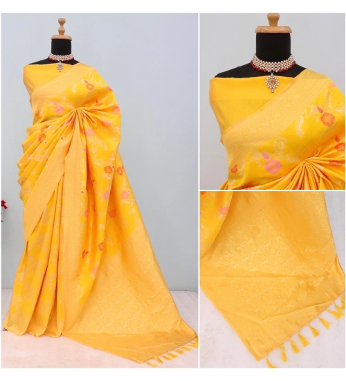 Women's Banarasi Printed Saree With Unstitched Blouse 5.5Mtr (Yellow)