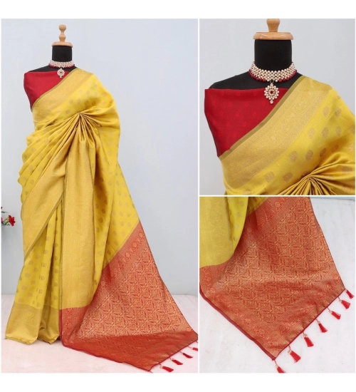 Women's Banarasi Printed Saree With Unstitched Blouse 5.5Mtr (Yellow)