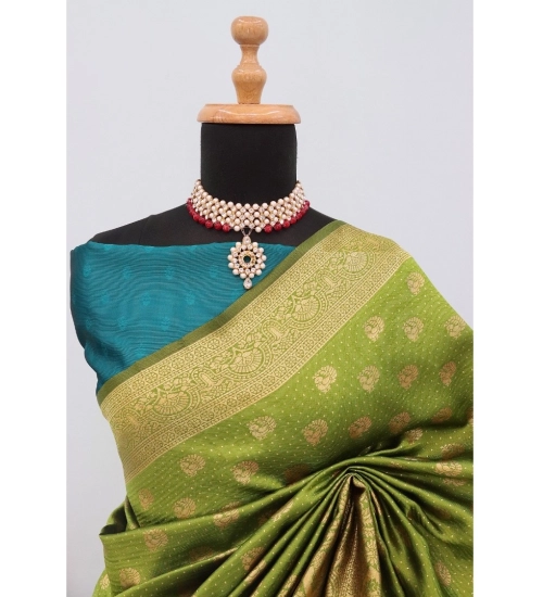 Women's Banarasi Printed Saree With Unstitched Blouse 5.5Mtr (Mehendi Green)