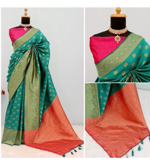 Women's Banarasi Printed Saree With Unstitched Blouse 5.5Mtr (Rama)