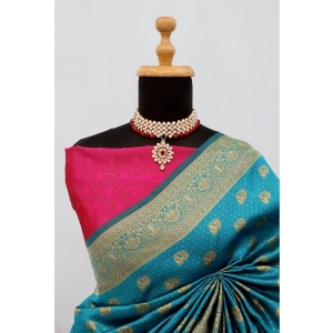 Generic Women's Banarasi Printed Saree With Unstitched Blouse 5.5Mtr (Aqua Blue)