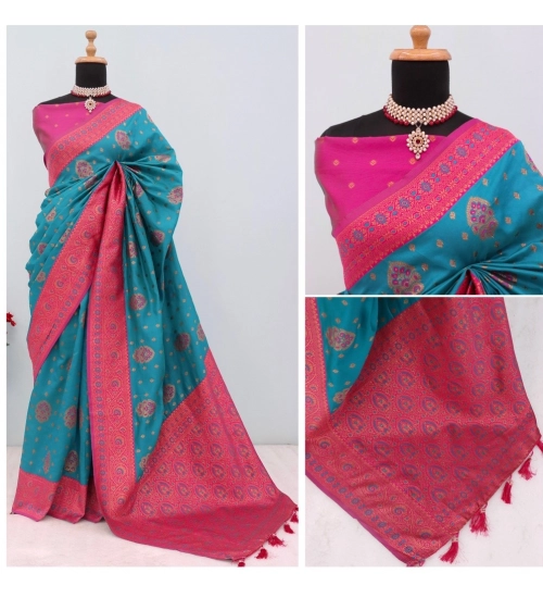 Women's Banarasi Printed Saree With Unstitched Blouse 5.5Mtr (Aqua Blue)