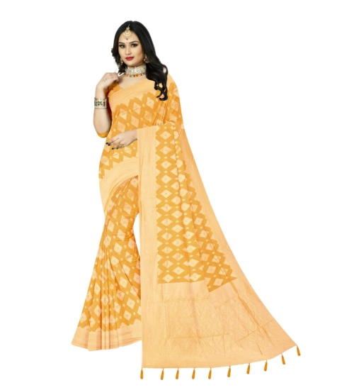 Women's Cotton Printed Saree With Unstitched Blouse 5.5Mtr (Yellow)