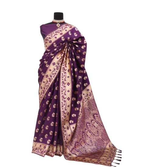 Women's Satin Printed Saree With Unstitched Blouse 5.5Mtr (Purple)