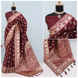 Generic Women's Satin Printed Saree With Unstitched Blouse 5.5Mtr (Brown)
