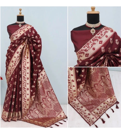 Women's Satin Printed Saree With Unstitched Blouse 5.5Mtr (Brown)