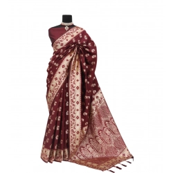 Women's Satin Printed Saree With Unstitched Blouse 5.5Mtr (Brown)