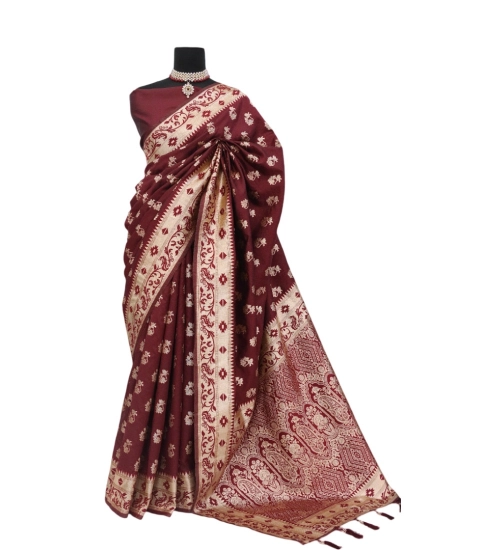 Women's Satin Printed Saree With Unstitched Blouse 5.5Mtr (Brown)