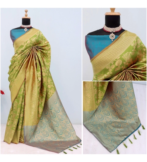 Women's Banarasi Printed Saree With Unstitched Blouse 5.5Mtr (Mehendi Green)