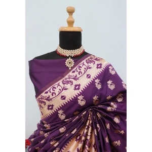 Generic Women's Satin Printed Saree With Unstitched Blouse 5.5Mtr (Purple)