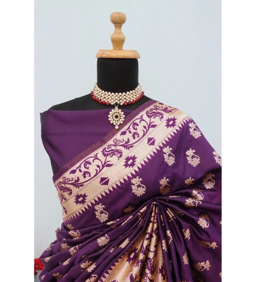 Women's Satin Printed Saree With Unstitched Blouse 5.5Mtr (Purple)