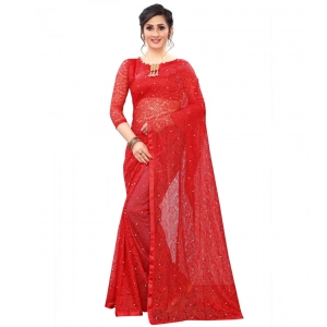 Generic Women's Velvet Embellished Bollywood Saree With Unstitched Blouse (5.5Mtr, Red)