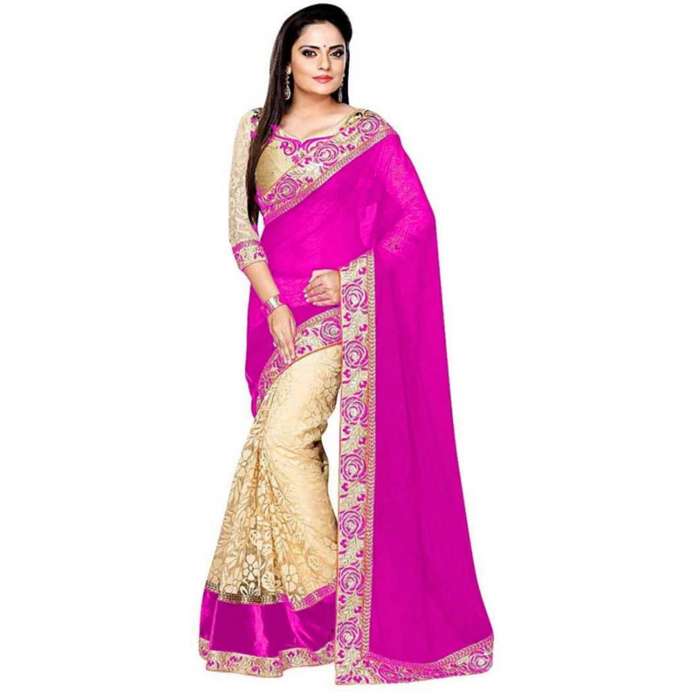 Generic Women's Georgette-Net Printed Saree With Unstitched Blouse (5.5Mtr, Pink)