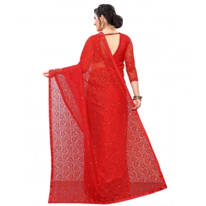 Generic Women's Velvet Embellished Bollywood Saree With Unstitched Blouse (5.5Mtr, Red)