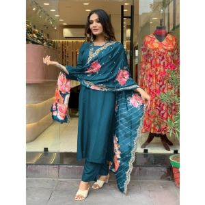 Generic Women's Viscose Rayon Embroidery 3-4th Sleeve V Neck Kurti Set With Dupatta (Turquoise Blue)