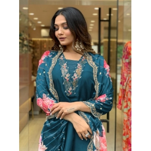 Generic Women's Viscose Rayon Embroidery 3-4th Sleeve V Neck Kurti Set With Dupatta (Turquoise Blue)
