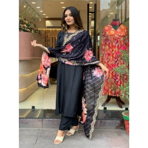 Generic Women's Viscose Rayon Embroidery 3-4th Sleeve V Neck Kurti Set With Dupatta (Black)