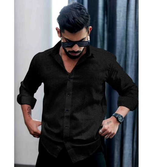 Men's Casual PollyCotton Textured Full Sleeve Collar Shirt (Black)