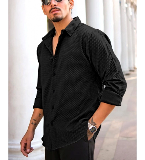 Men's Casual Popcorn Self-design Full Sleeve Collar Shirt (Black)