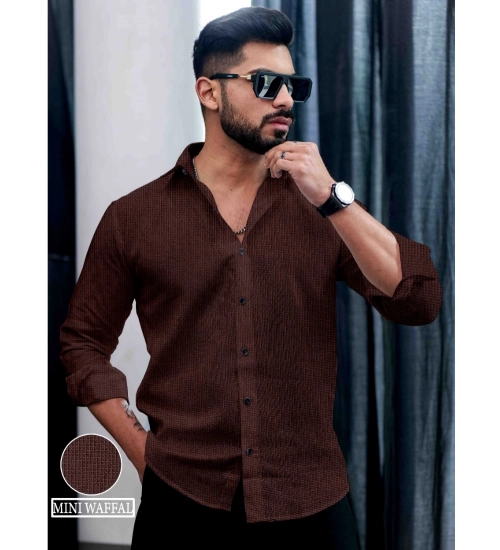 Men's Casual PollyCotton Self-design Full Sleeve Collar Shirt (Brown)