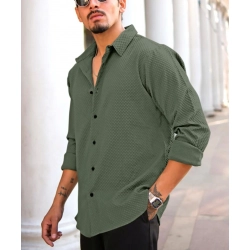 Men's Casual Popcorn Self-design Full Sleeve Collar Shirt (Green)