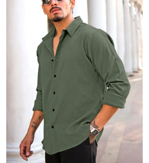 Men's Casual Popcorn Self-design Full Sleeve Collar Shirt (Green)