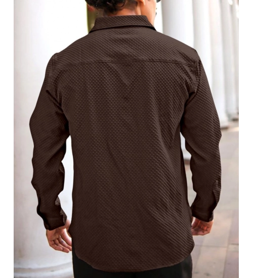 Men's Casual Popcorn Self-design Full Sleeve Collar Shirt (Brown)