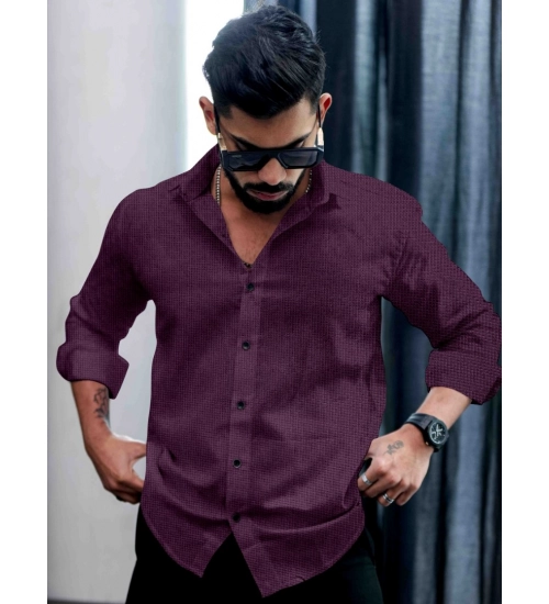 Men's Casual PollyCotton Self-design Full Sleeve Collar Shirt (Wine)