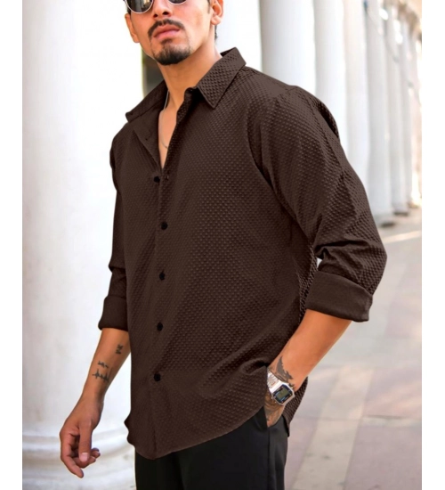Men's Casual Popcorn Self-design Full Sleeve Collar Shirt (Brown)