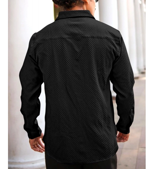 Men's Casual Popcorn Self-design Full Sleeve Collar Shirt (Black)