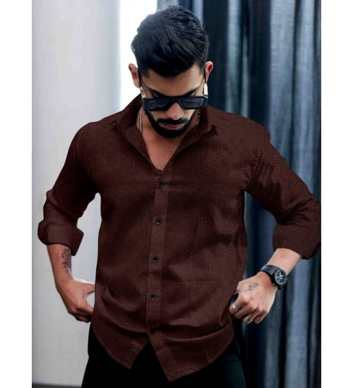 Men's Casual PollyCotton Self-design Full Sleeve Collar Shirt (Brown)