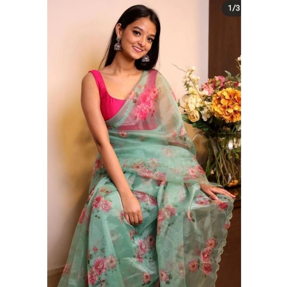Generic Women's Organza Printed Saree With Unstitched Blouse (5.5Mtr, Rama)