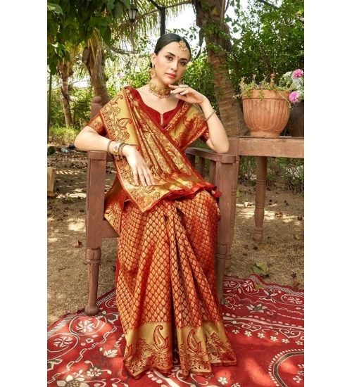 Women's Silk Woven Kanjivaram Saree With Unstitched Blouse (5.5Mtr, Red)