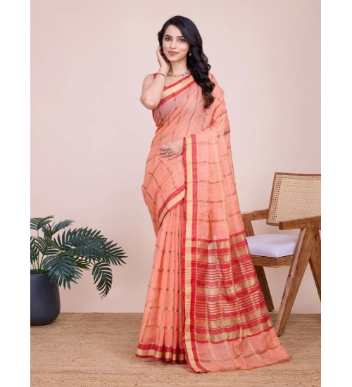 Women's Cotton Silk Checkered Kota Doria Saree With Unstitched Blouse (5.5Mtr, Peach)