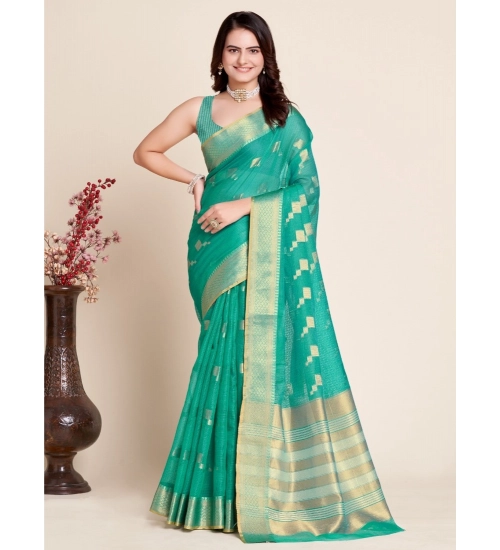 Women's Silk Blend Printed Banarasi Saree With Unstitched Blouse (5.5Mtr, Rama Green)