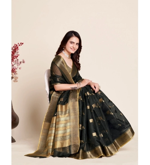 Women's Silk Blend Printed Banarasi Saree With Unstitched Blouse (5.5Mtr, Black)